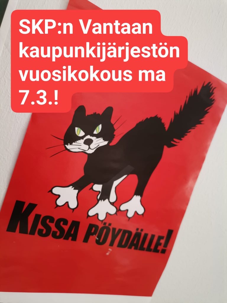 Kuva Tiedonantajan julisteesta, jossa lehden Pirskatti-maskotti ja teksti 'Kissa pöydälle!'. Kuvan päällä teksti: 'SKP:n Vantaan kaupunkijärjestön vuosikokous ma 7.3.!'.